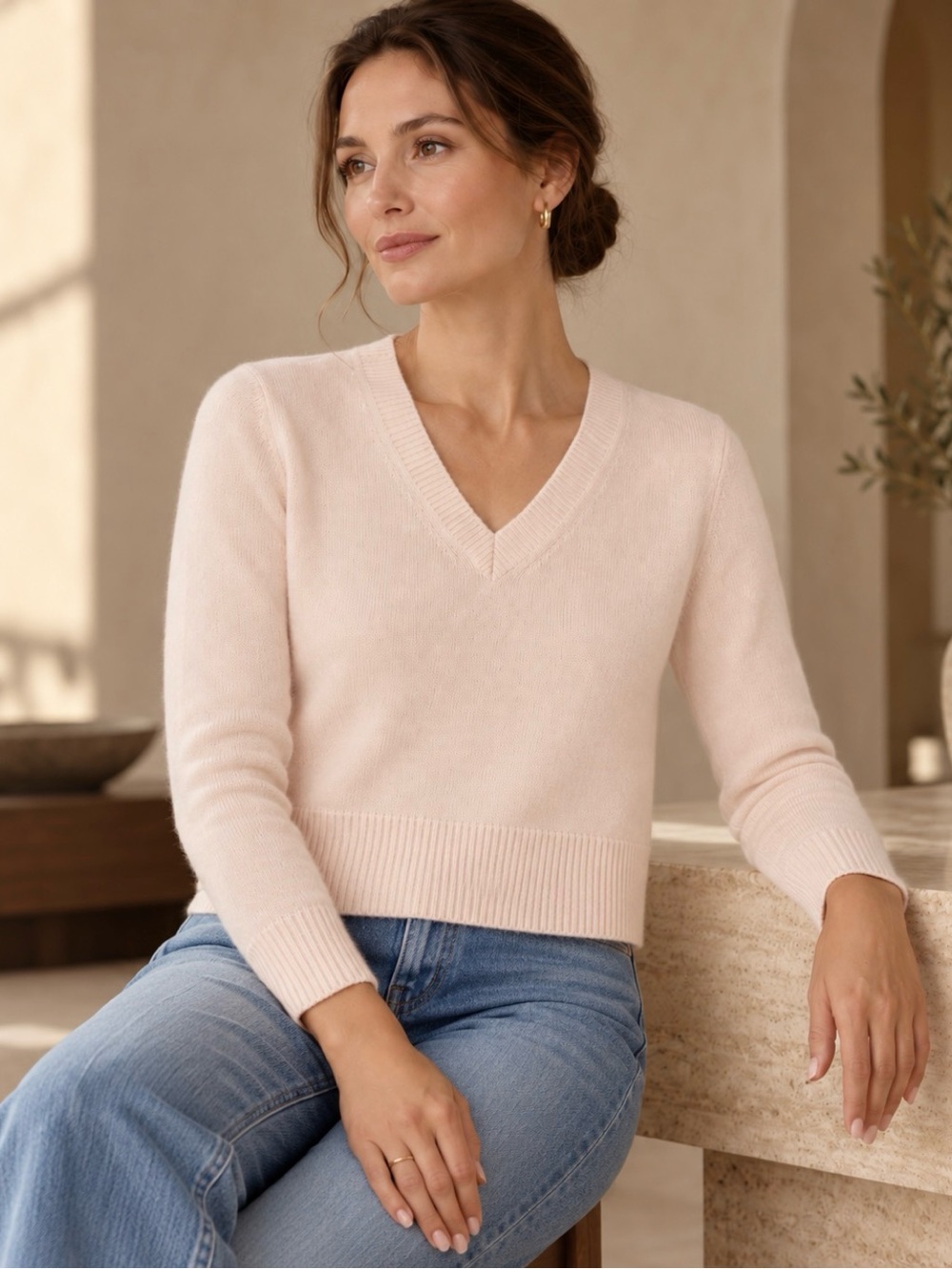 Joie 100% Cashmere V Neck Sweater Ivory Boxy Pullover Size Small